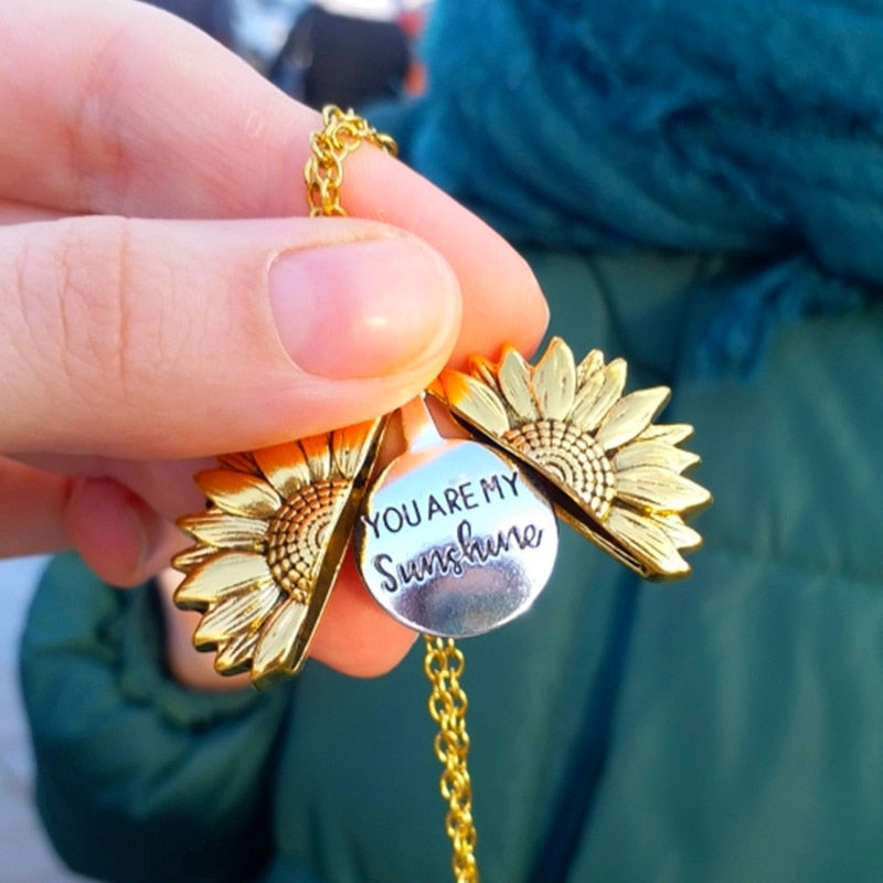 You Are My Sunshine Open Locket Sunflower Pendant Necklace